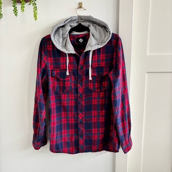 Cotton On 1991 Plaid Hooded Flannel Button Down Men's Shirt 100% Cotton Size S - Picture 1 of 7
